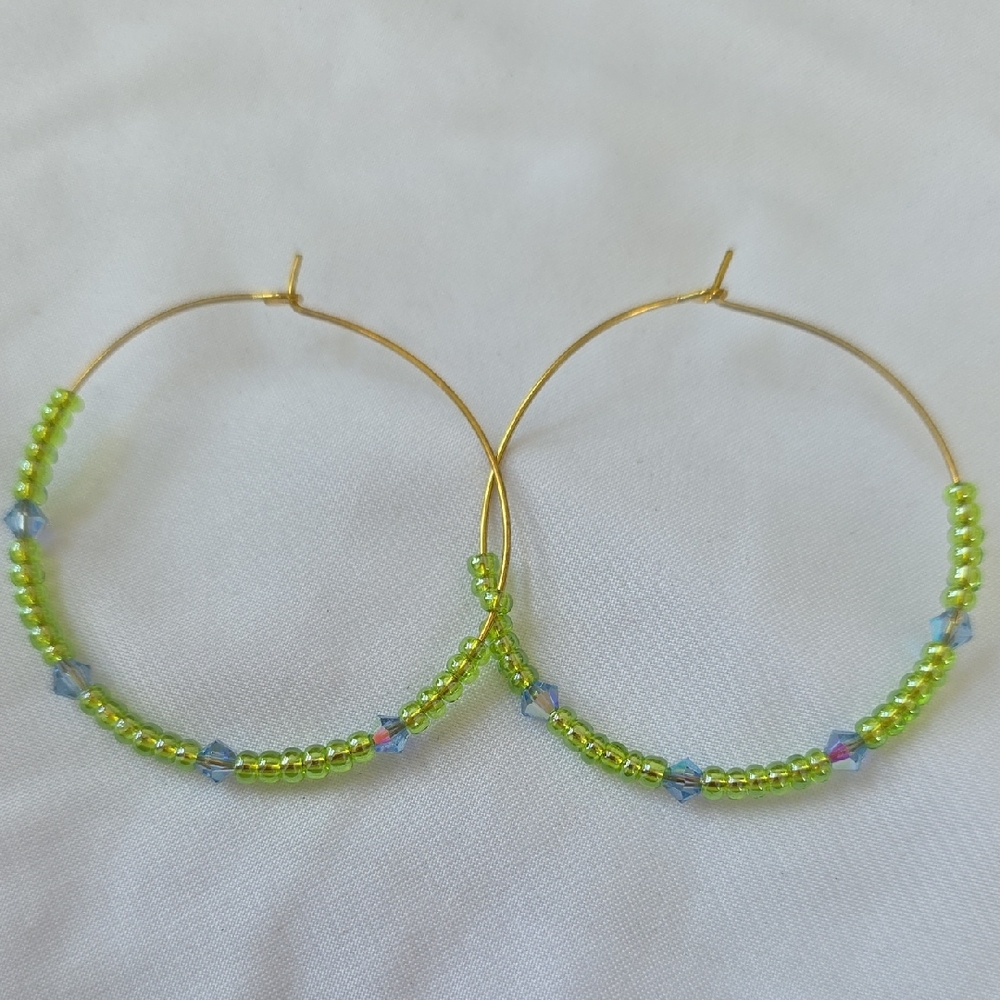 Vibrant Gold and Green Beaded Boho Chic Festival Hoop Earrings